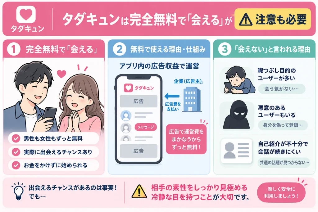 結論:タダキュンは完全無料で「会える」が注意も必要