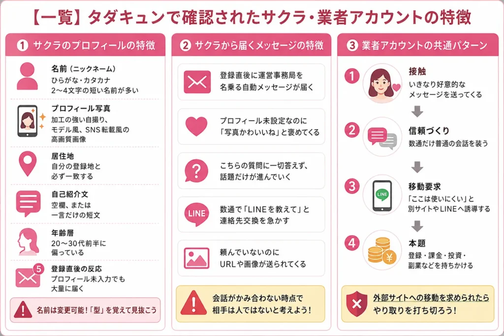 【一覧】タダキュンで確認されたサクラ・業者アカウントの特徴