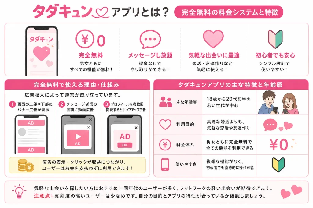 タダキュンアプリとは?完全無料の料金システムと特徴